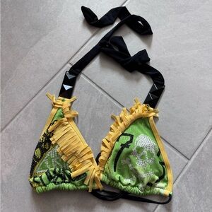 Affliction Green and Yellow Fringe Bikini Top